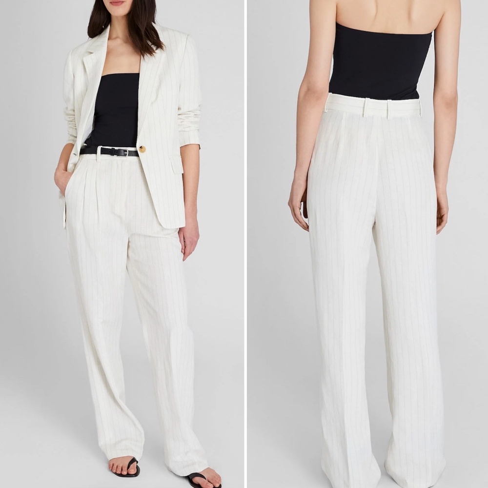 Club Monaco Pinstripe Pleated High Rise Linen Blend Trouser